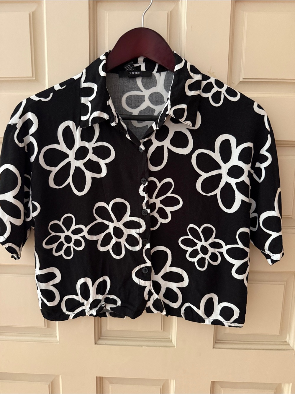 Forever 21 Black Crop Button-Up Shirt with White Floral Outline